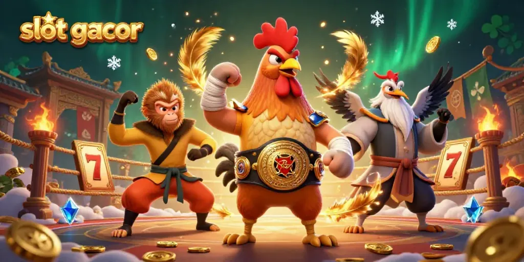 Experience the thrill of slot gacor with a dynamic scene of rooster and martial artists in action.