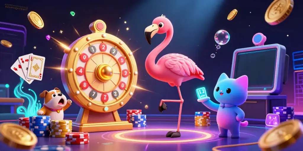 Engage with eyangtogel featuring exciting gameplay, a colorful prize wheel, and vibrant casino atmosphere.