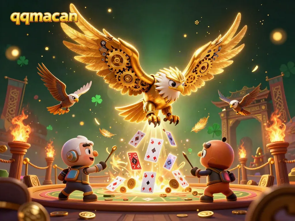 Experience the thrilling dive of the cybernetic eagle and its falcon allies in this dynamic qqmacan casino illustration.