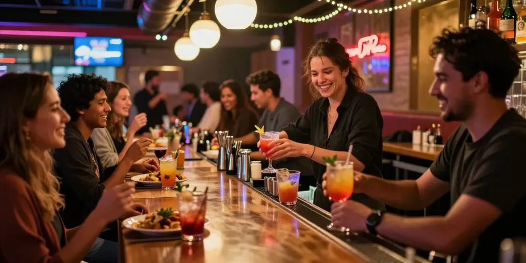 Suasana meriah di The Keg Room NYC, tempat orang berkumpul dan menikmati berbagai minuman.