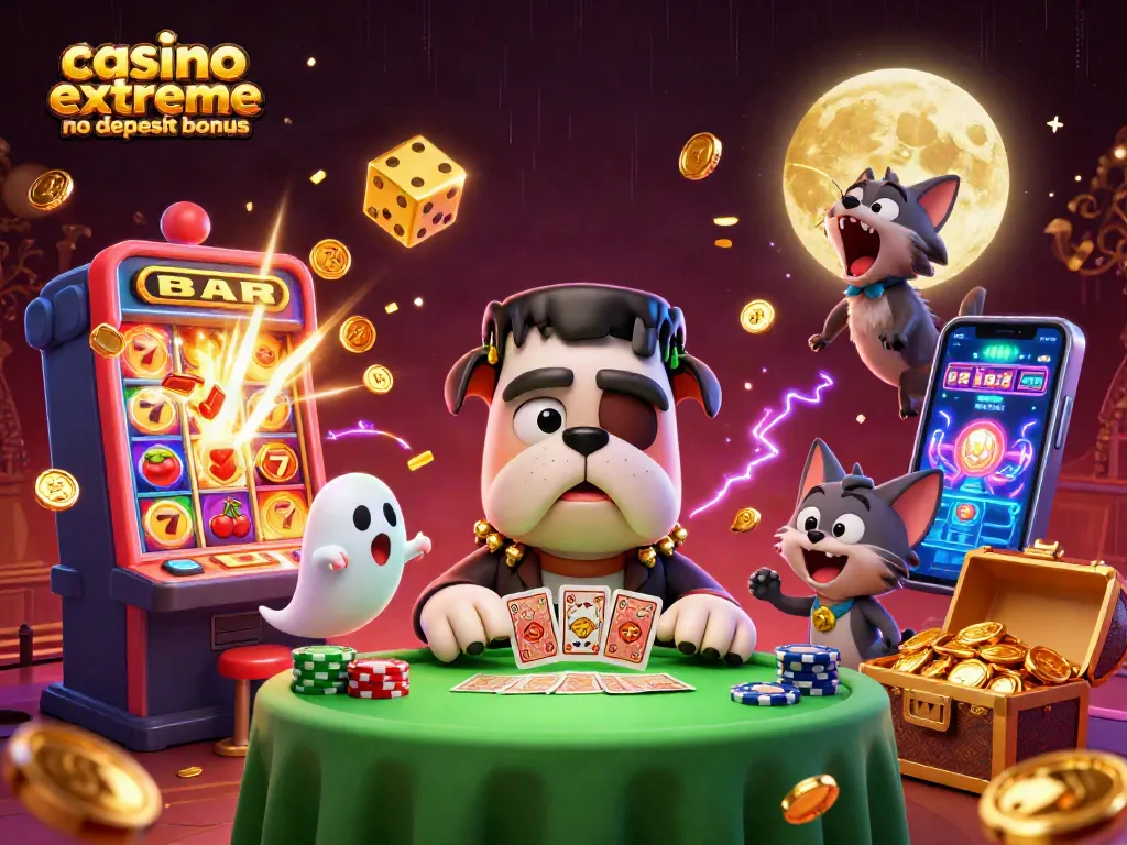 Play with the casino extreme no deposit bonus alongside a spooky card dealer and flying chips.