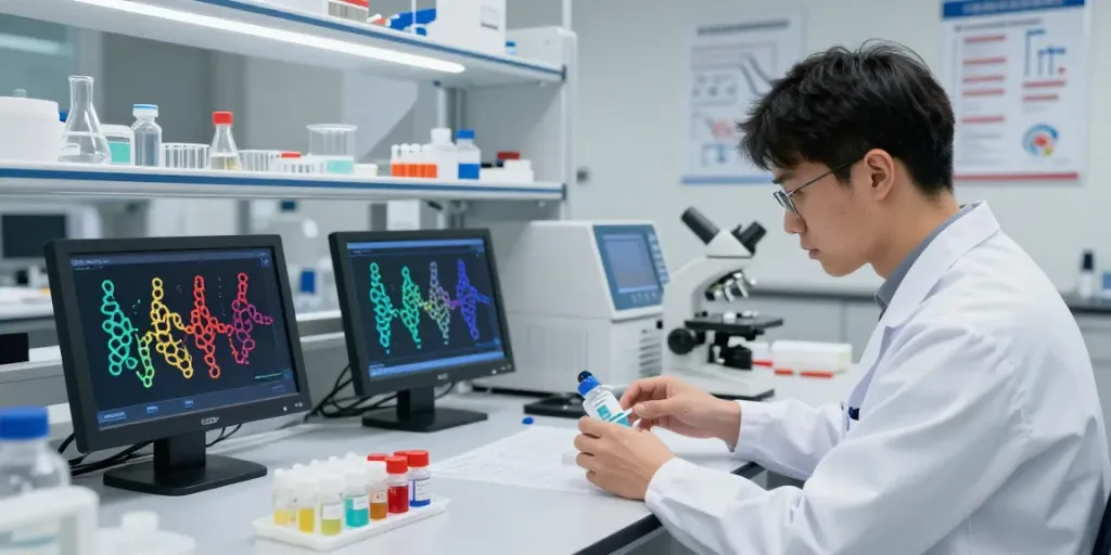 Researcher analyzing peptide samples to compare pept cost effectively.