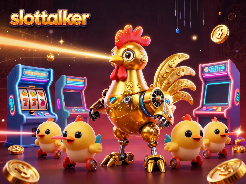 Experience slot gaming with slottalker through this vibrant arcade scene filled with retro-futuristic characters.