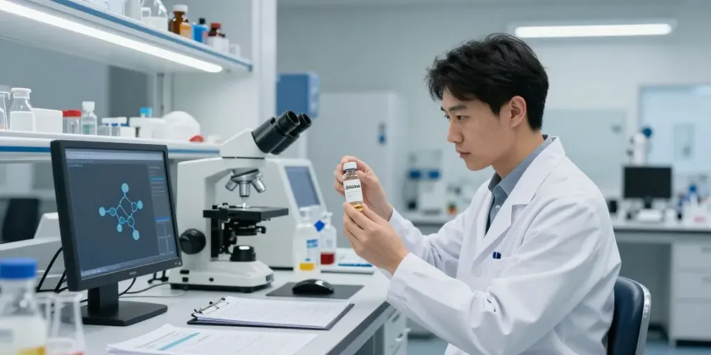 Scientist analyzing Adamax peptide in a modern lab setting.