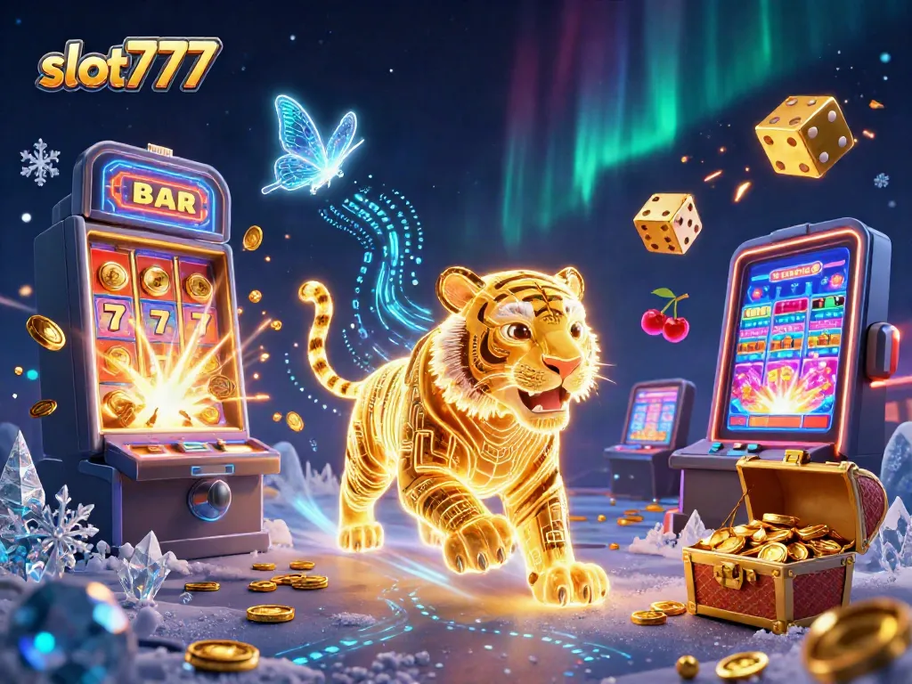 Menangkan jackpot di slot777 dengan karakter harimau bercahaya dan mesin slot ramai di kasino digital.