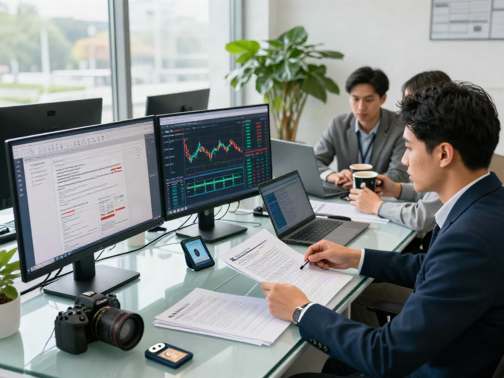 Professional analyst reviewing a document fraud detection solution in a modern office.