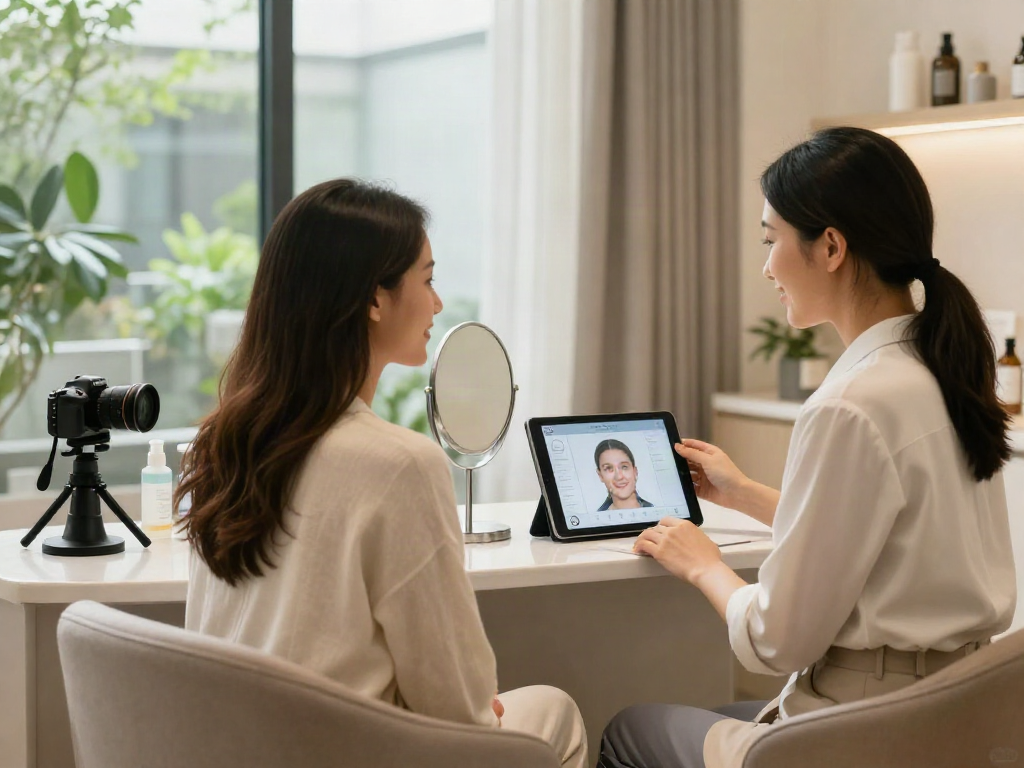 ClinicEvo is a better alternative to QOVES, showcasing a beauty consultation scene with personalized analysis.
