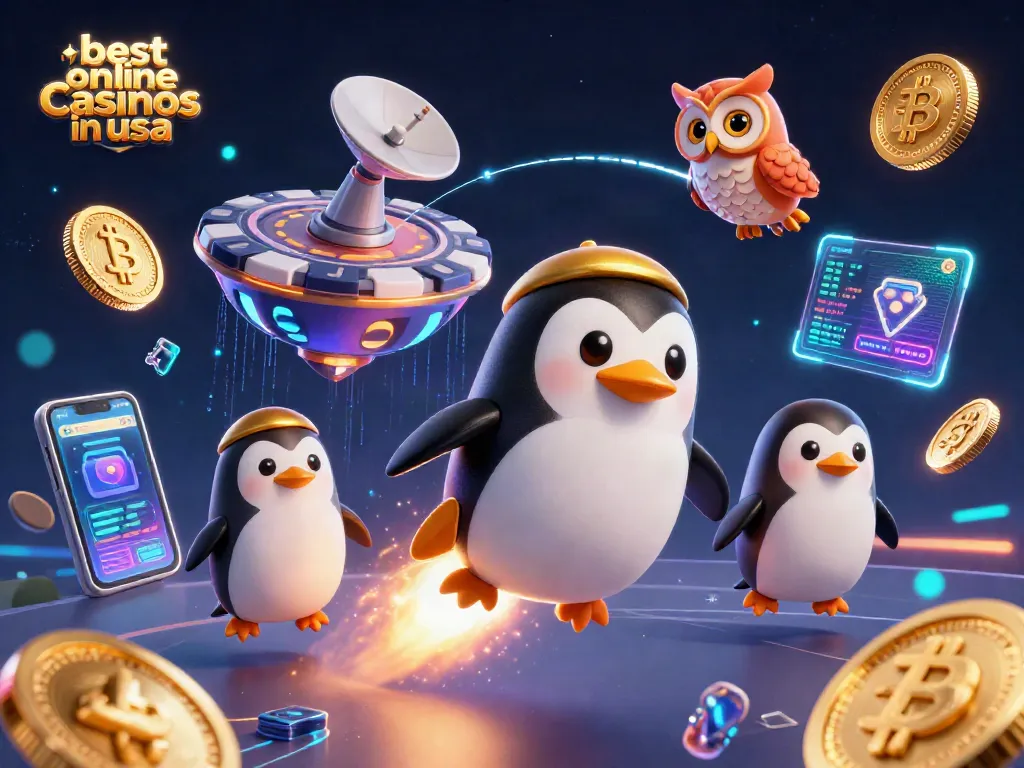 Experience the best online casinos in usa with a vibrant cartoon scene featuring a golden penguin in space.