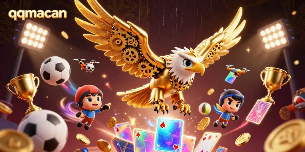Experience the thrill of qqmacan with a cybernetic eagle soaring through holographic cards and vibrant sports elements.