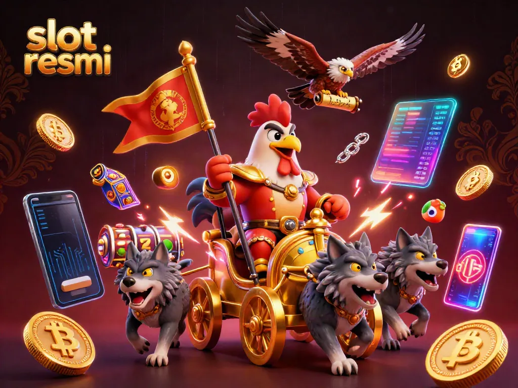 Engaging slot resmi scene featuring a rooster warlord with crypto coins and slot elements.
