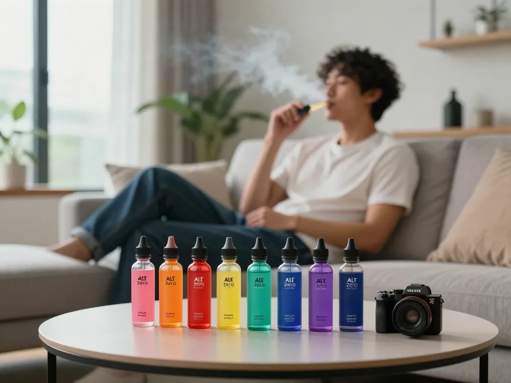 Enjoying Alt Zero E-Liquid 60ml in a cozy living room setting.