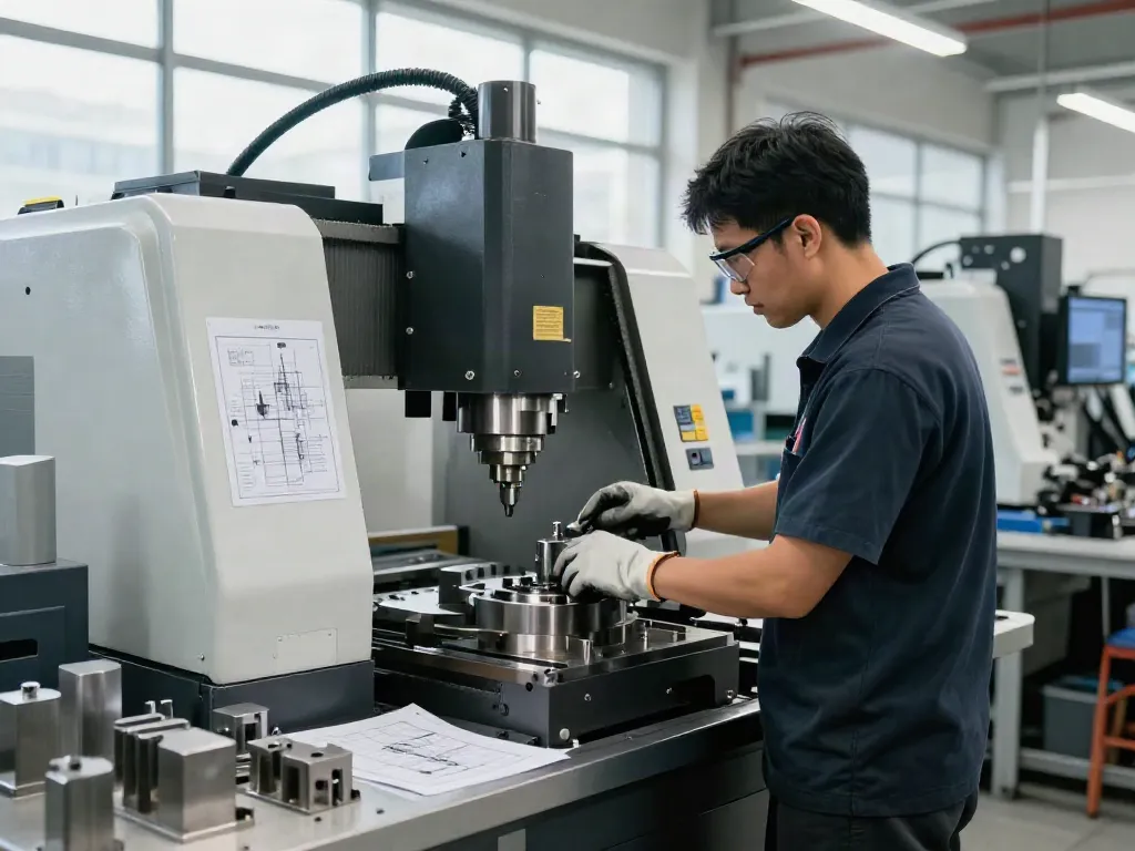 CNC machining parts being expertly crafted in a modern workshop environment by a skilled professional.