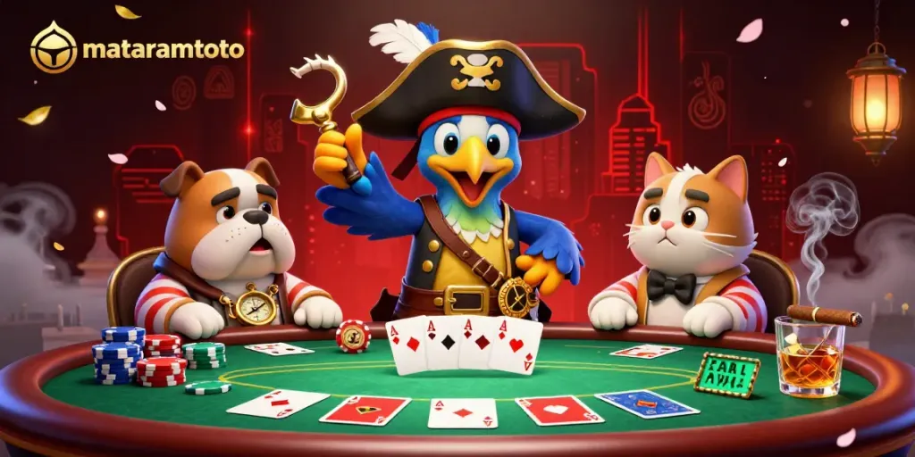 Mataramtoto promotes an engaging 3D pirate-themed casino scene filled with colorful poker elements and characters.