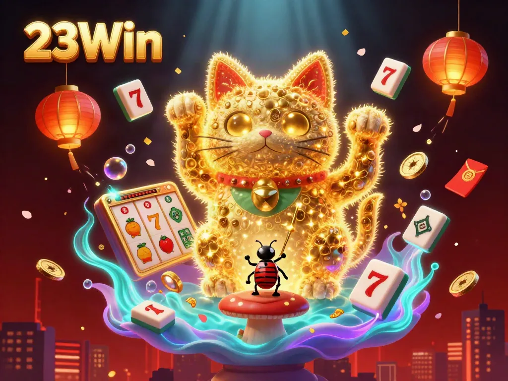Experience the vibrant excitement of 23Win as golden fireflies form a lucky cat amidst casino symbols.