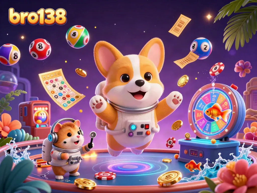 Experience thrilling gaming at bro138 with a charming astronaut corgi in a vibrant casino space.