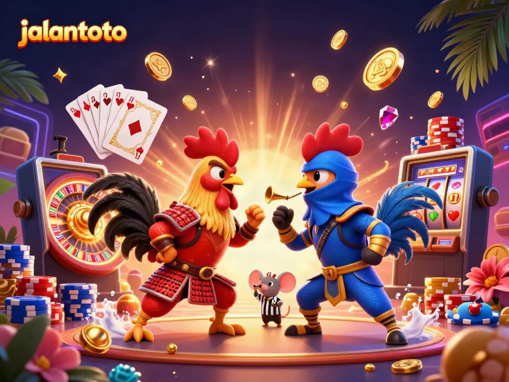 Jalantoto membawa keseruan pertarungan ayam dengan ayam berarmor dalam arena di tengah gemerlap kasino.