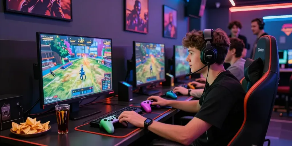 Engaging qqmacan gaming experience in a lively lounge with friends and immersive visuals.