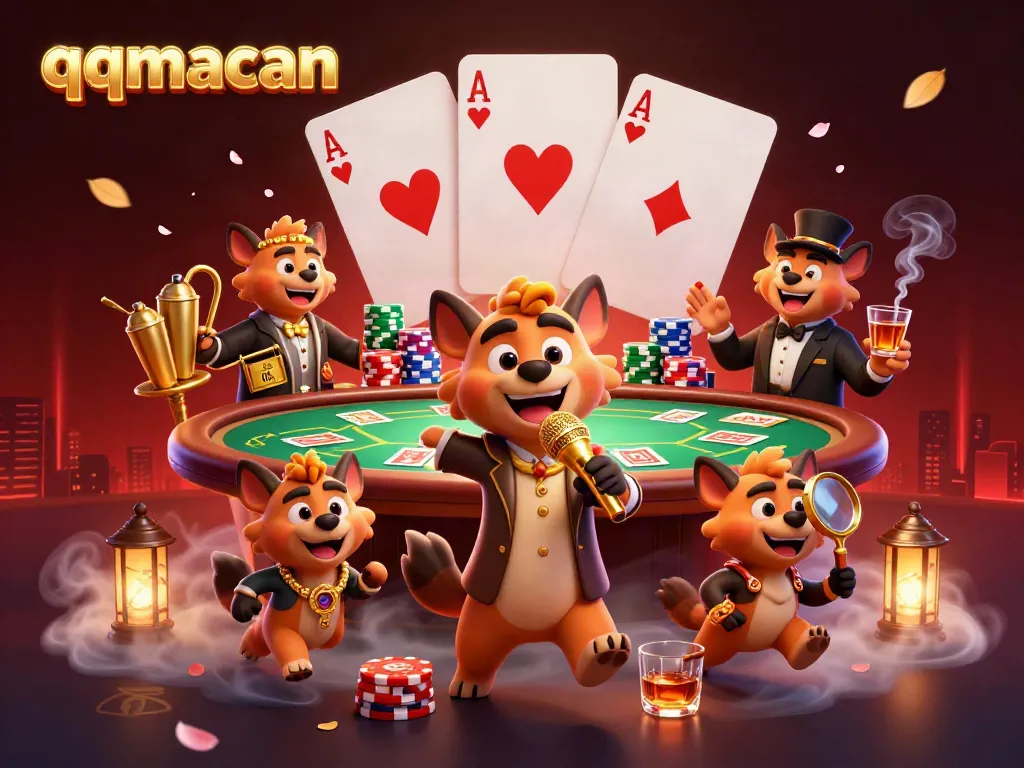 Experience the thrilling atmosphere of qqmacan's comedy casino, featuring vibrant hyena characters and lively gaming elements.