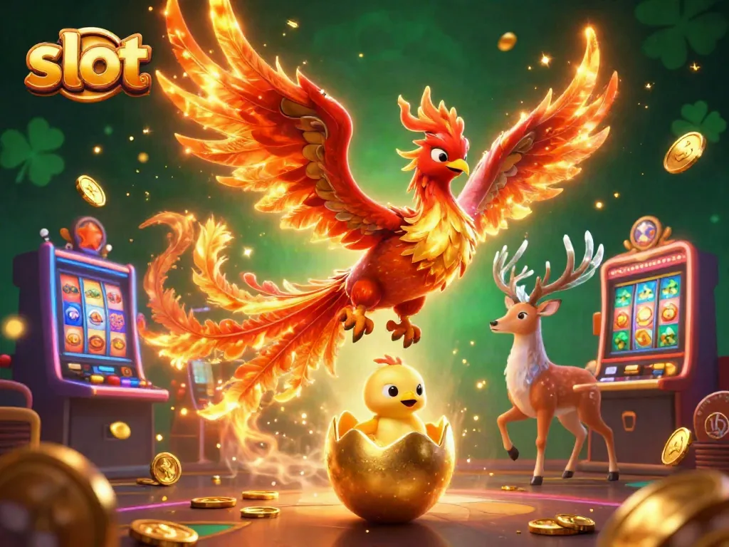 Slot mesin berputar dengan karakter phoenix api dan kepingan emas yang berkilau.