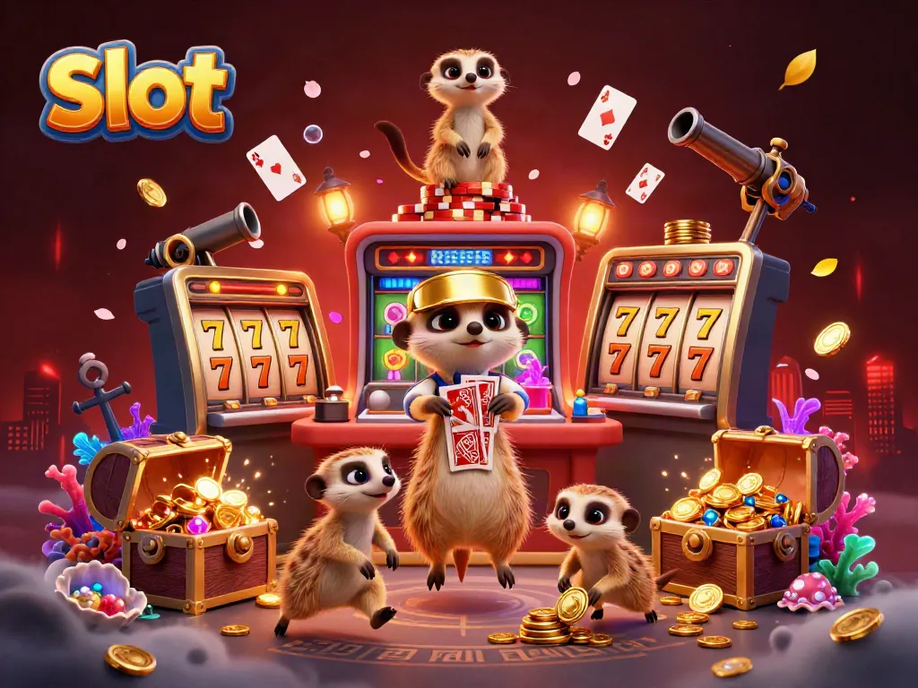 Experience the thrill of slot gaming with meerkats managing a lively casino scene filled with vibrant elements.