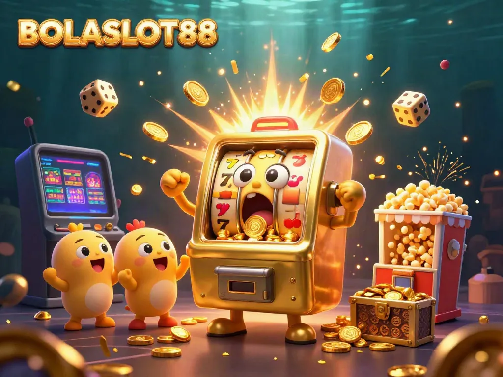 BOLASLOT88 captivates with vibrant characters and dynamic casino elements celebrating a jackpot.