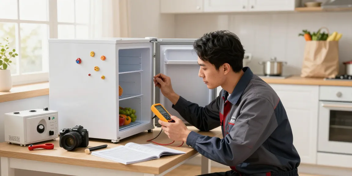 Expert freezer repair technician diagnosing an appliance in a bright, welcoming kitchen, highlighting professional service.