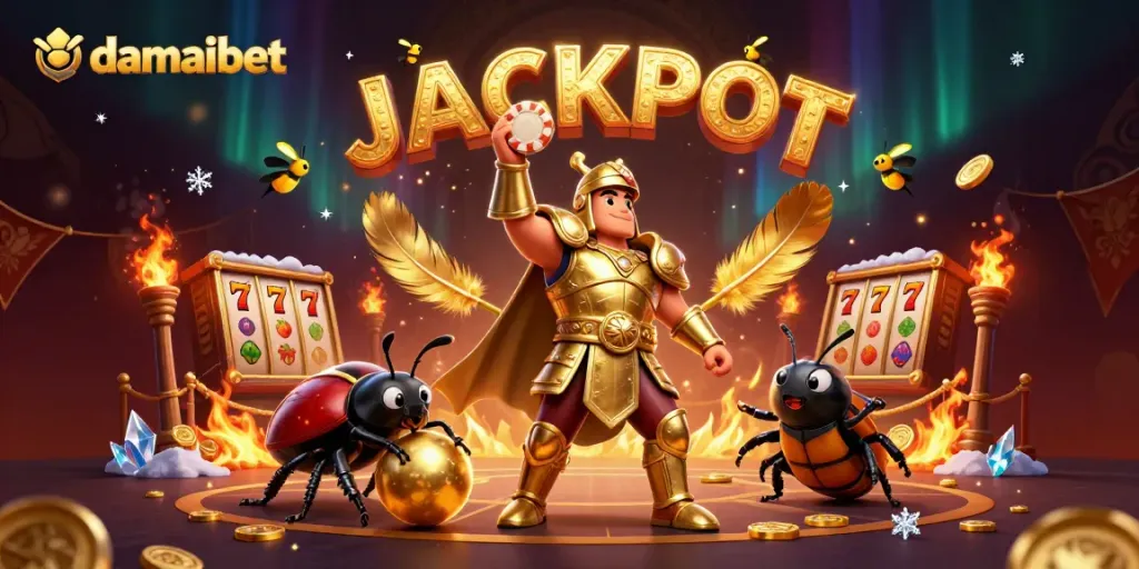 Win big with damaibet in an exciting casino-themed illustration featuring a victorious beetle.