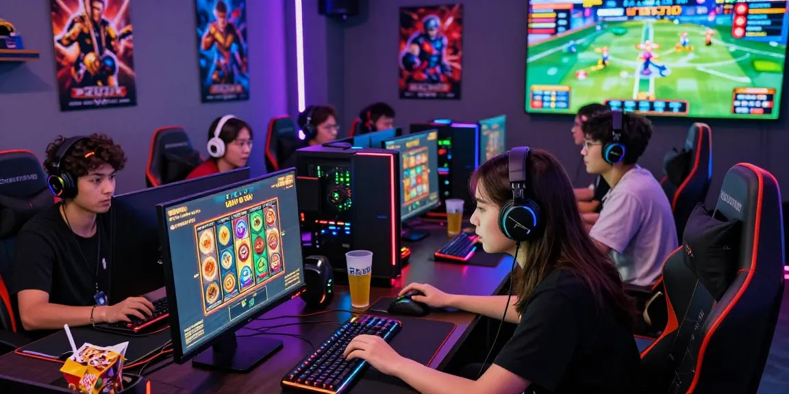 Enthusiastic gamers enjoying a slot deposit qris 5k session in a vibrant gaming room filled with snacks and dynamic LED lights.