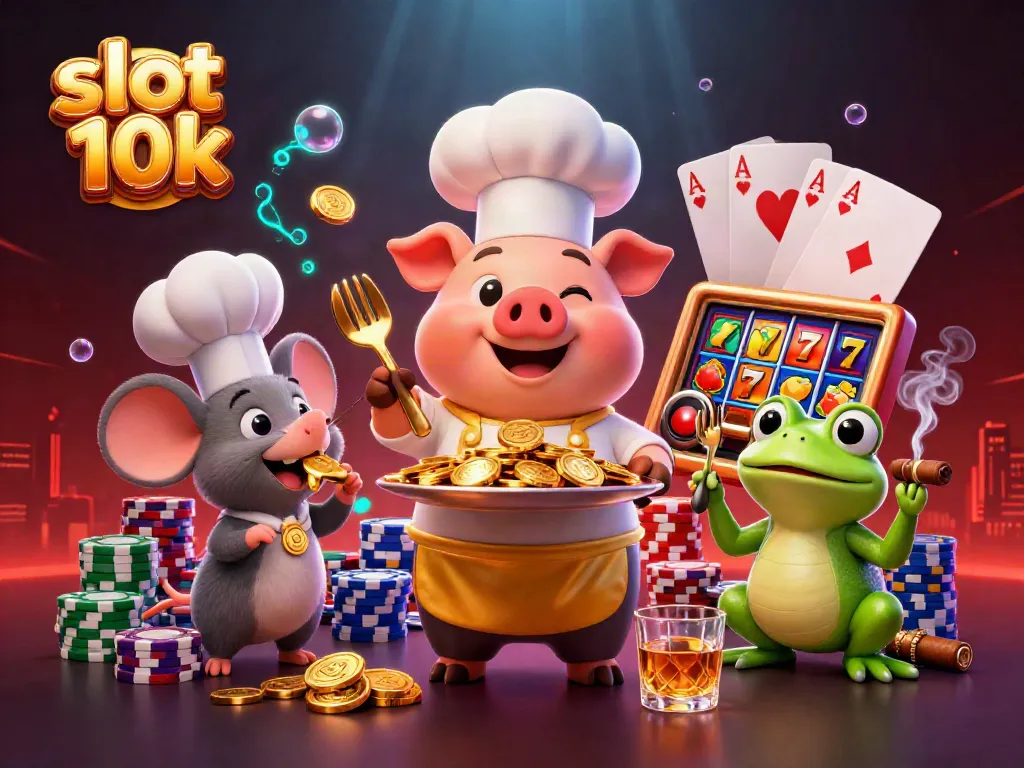 Experience slot 10k excitement with a vibrant 3D illustration featuring a chef pig and dynamic casino elements.