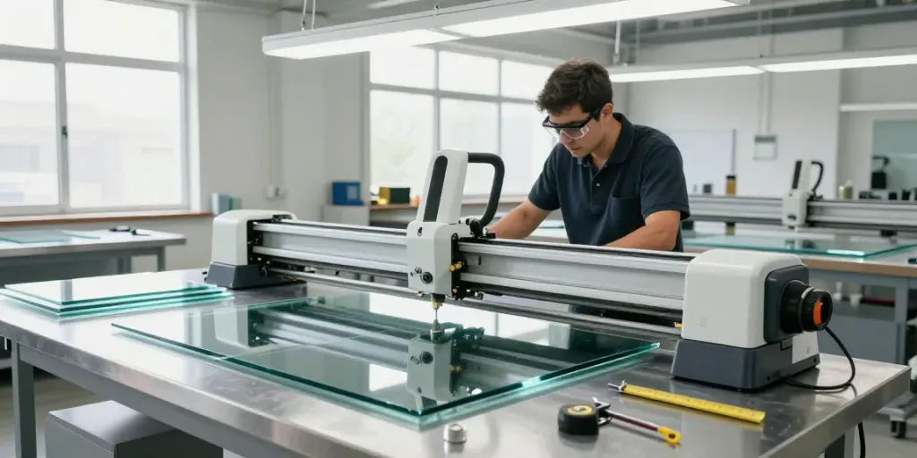 Operator using a glass cutting machine with precision in a bright industrial workspace.