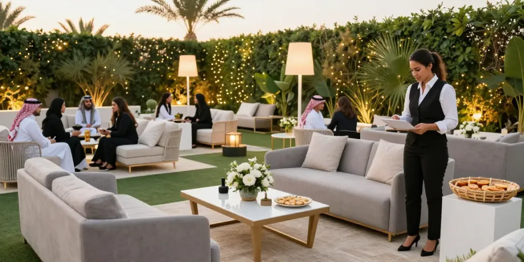 Event furniture rental featured in elegant outdoor lounge setting, showcasing stylish chairs and decor for festive occasions.
