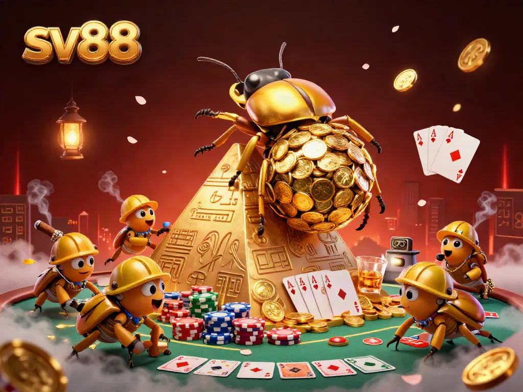 sv88 showcases exciting online casino adventures with a dynamic scene of colorful characters and game elements.