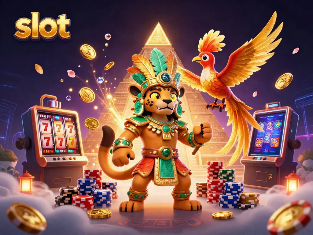 Slot mesin dengan simbol keberuntungan ditampilkan dalam adegan kasino yang megah.