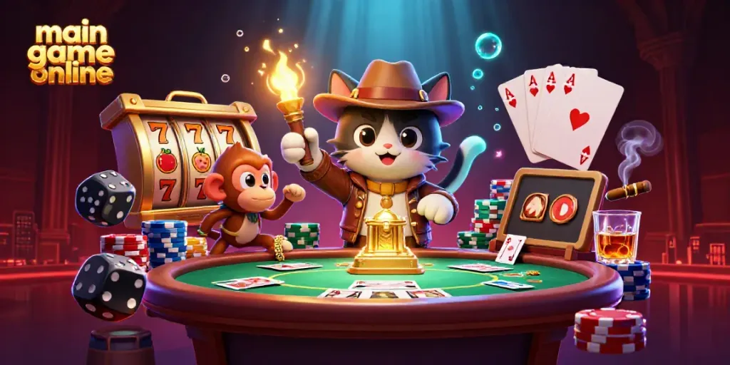 Engage in the thrill of the main game online with an interactive 3D illustration showcasing cats, poker, and slot machines.