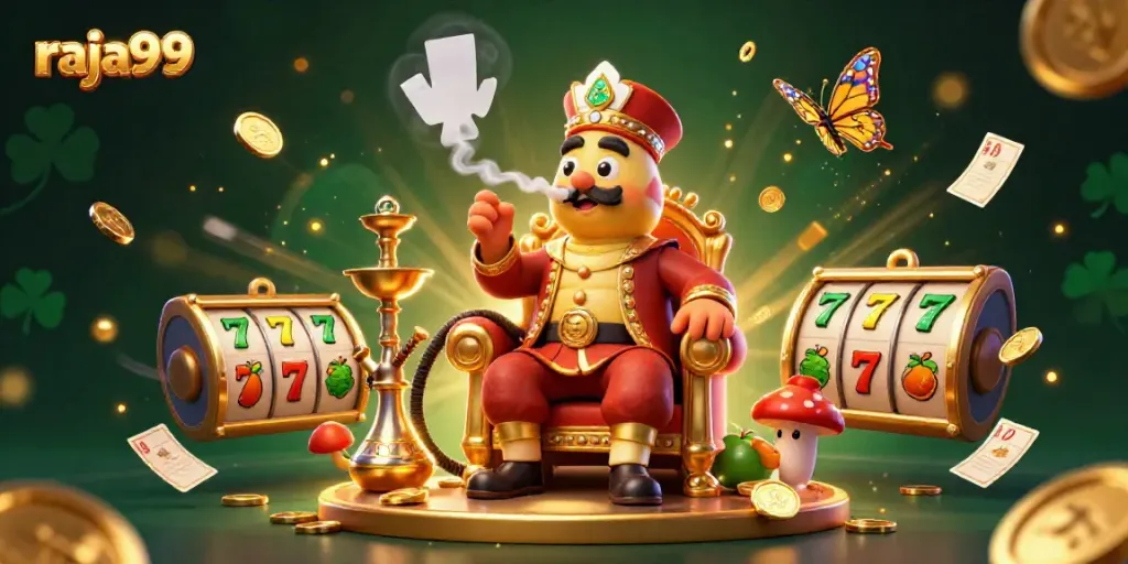Experience raja99's vibrant casino world with a cartoon caterpillar master creating poker smoke rings.