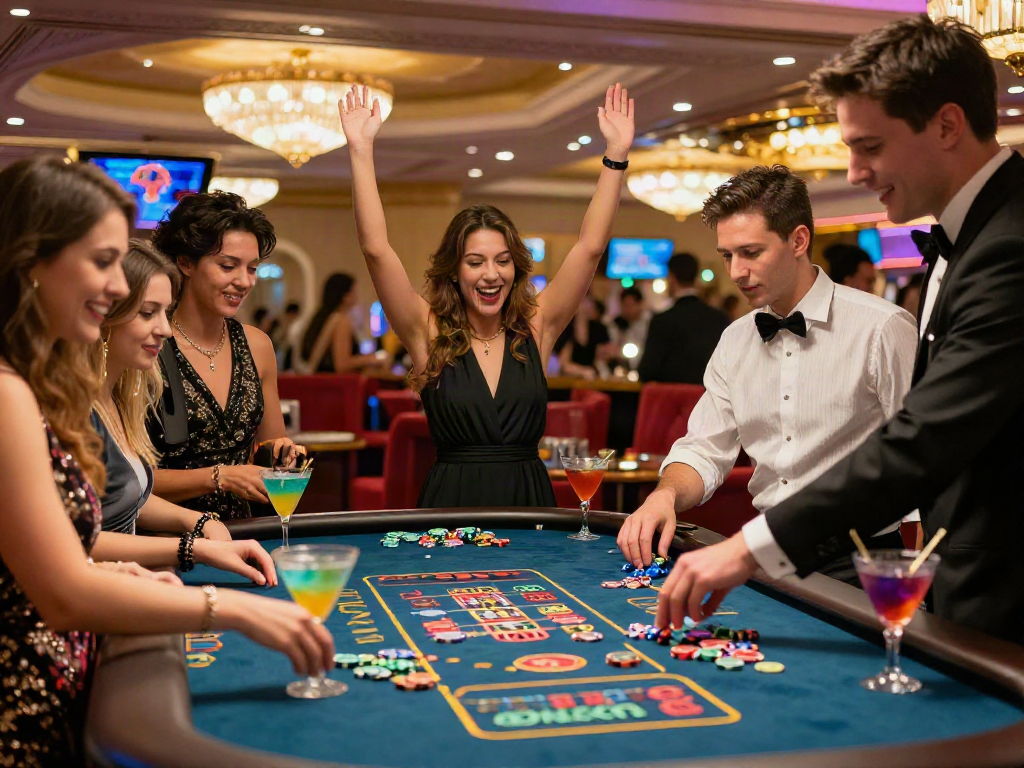 Pengunjung merayakan kemenangan di meja roulette ratutogel dengan suasana kasino penuh warna.