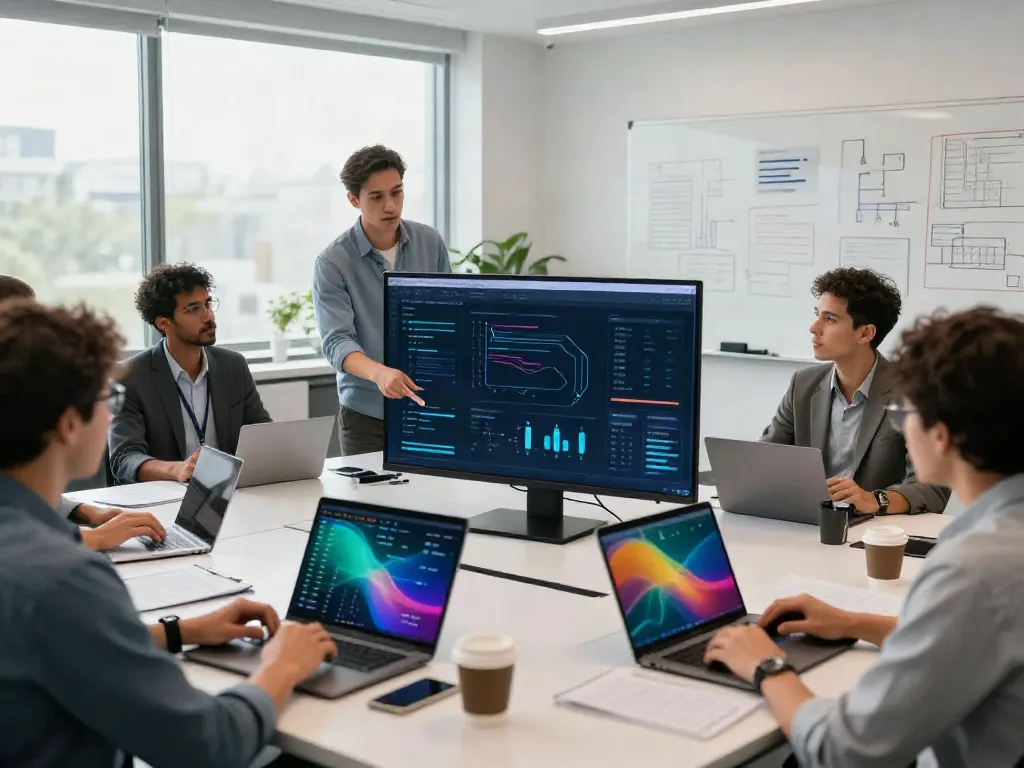 insurtech team collaborating in a modern workspace analyzing insurance tech news trends
