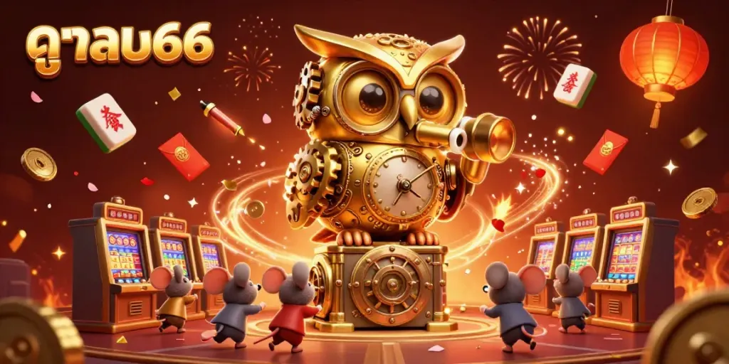 Engage with ดูบอล66 through a vibrant, action-packed casino scene showcasing golden owl and mice amidst dynamic elements.