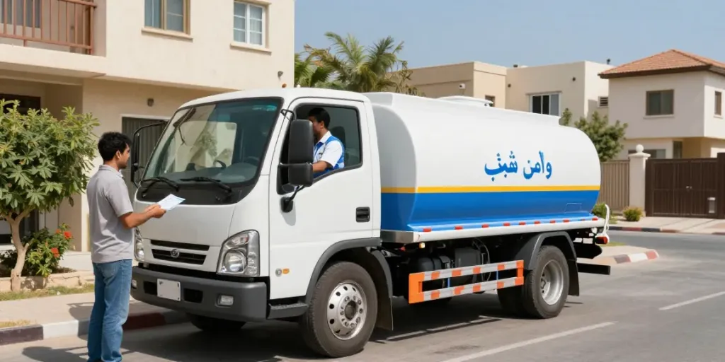Convenient وايت ماء شرق الرياض delivery truck servicing a satisfied customer in a sunny urban neighborhood.