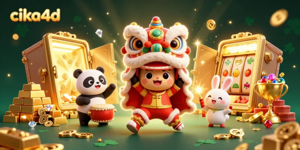 Cika4d celebrates winning moments in a vibrant 3D casino illustration with dynamic characters.