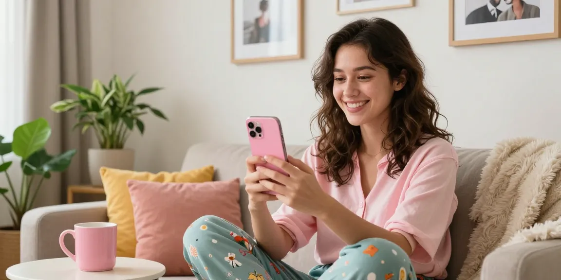 Engaging pink video chat scene with a woman smiling while using her smartphone for a 1-on-1 conversation, cozy living room setting.