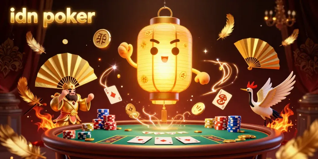 Experience the thrill of idn poker with a vibrant 3D gaming scene featuring dynamic characters and casino elements.
