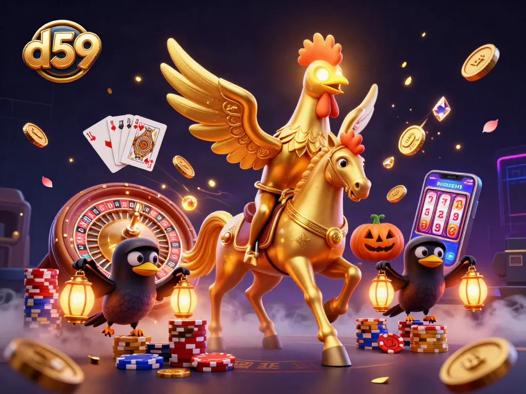 Experience thrilling gameplay with d59's golden rooster mascot in a midnight casino.
