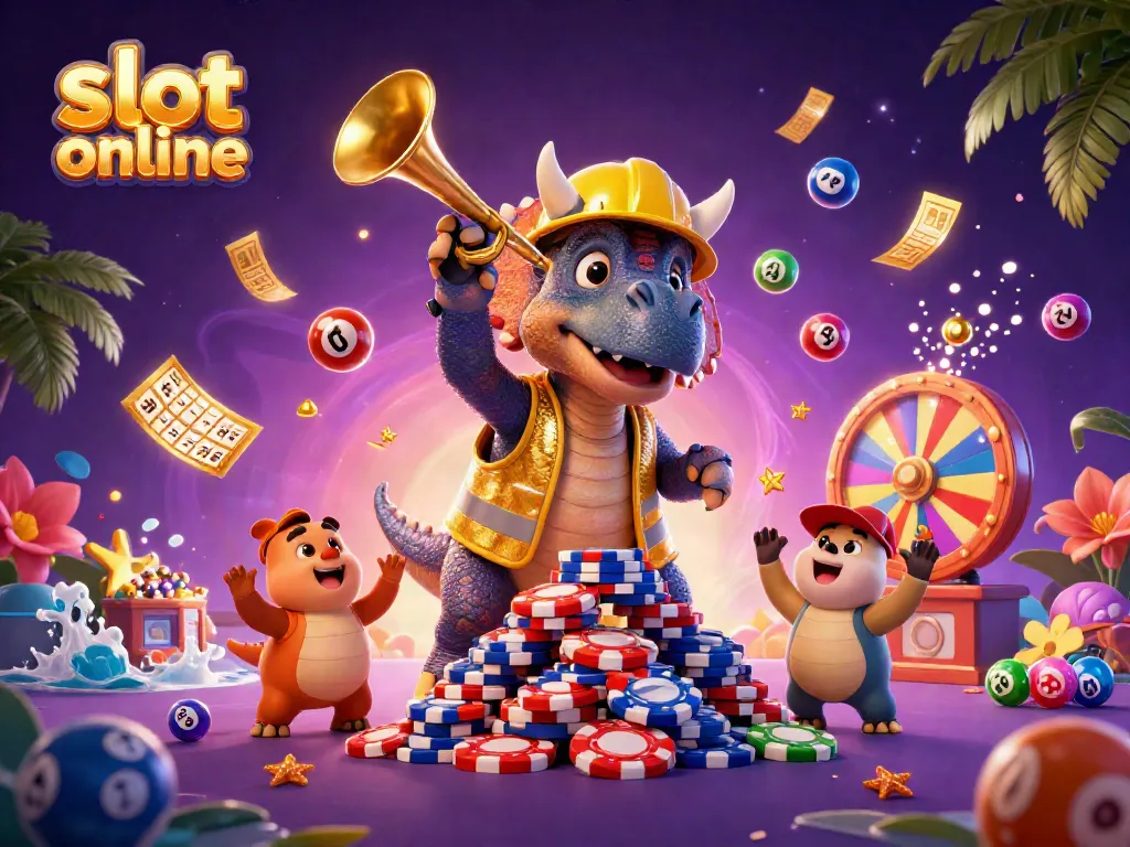 Engage in slot online action with a 3D illustration of a triceratops and friends celebrating around vibrant casino elements.