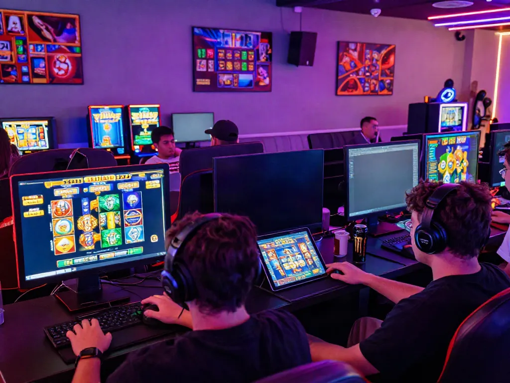 Players enjoying exciting slot games on various devices at a vibrant situs slot777 gaming lounge.