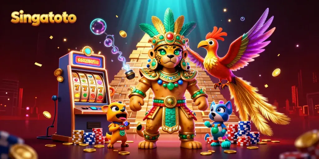 Play slots and win big with singatoto, featuring vibrant characters and casino excitement.