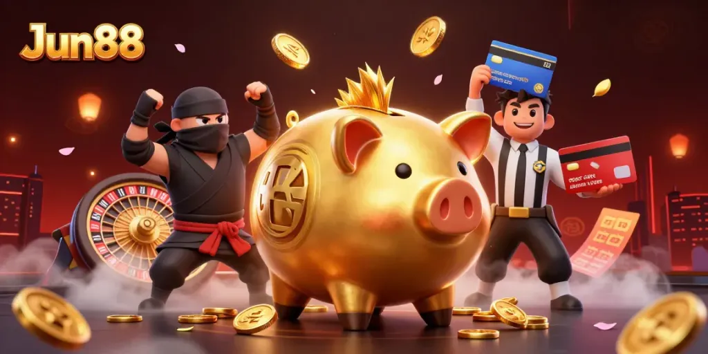 Experience the thrilling vibes of Jun88 with a dynamic illustration of a golden piggy bank sumo wrestler surrounded by sports betting elements.