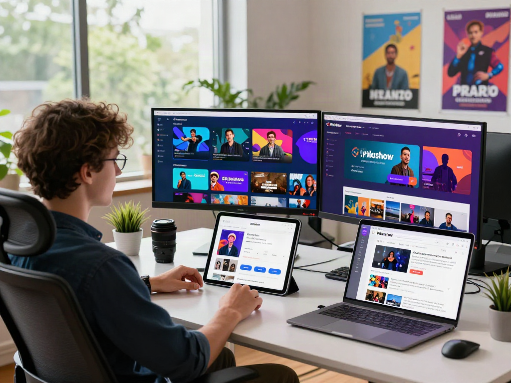 Pikashow streaming app displayed on monitors in a modern digital workspace, showcasing vibrant entertainment options and a creative work environment.