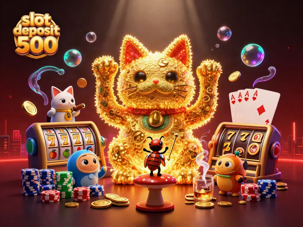 Engage with the vibrant world of slot deposit 500 through this dynamic illustration featuring a lucky cat and casino elements.