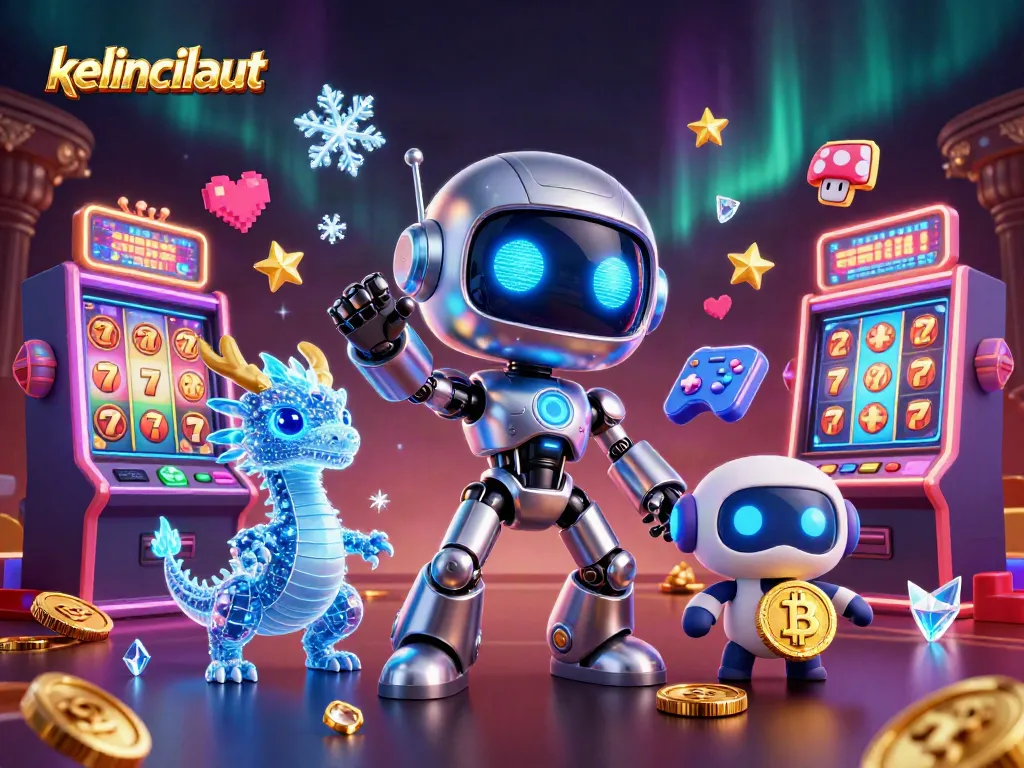 Engage with kelincilaut's dynamic casino atmosphere featuring a futuristic robot, AI dragon, and slot machines.